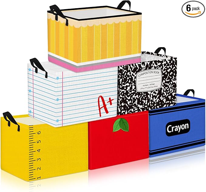 6 Pack Back to School Teacher Baskets with Handles Collapsible Rectangle Storage Basket Pencil Notebook Apple Ruler Crayon Cute Canvas Organizer Bin for Classroom Gifts Book Closet Shelf Nursery Decor