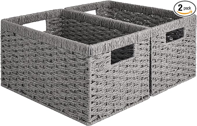 StorageWorks Wicker Storage Baskets,Gray Baskets for Storage,2-Pack | Paper Rope Wicker Storage Baskets for Shelves,Rectangular Wicker Baskets with Handles,Handwoven Grey Baskets,Woven Baskets