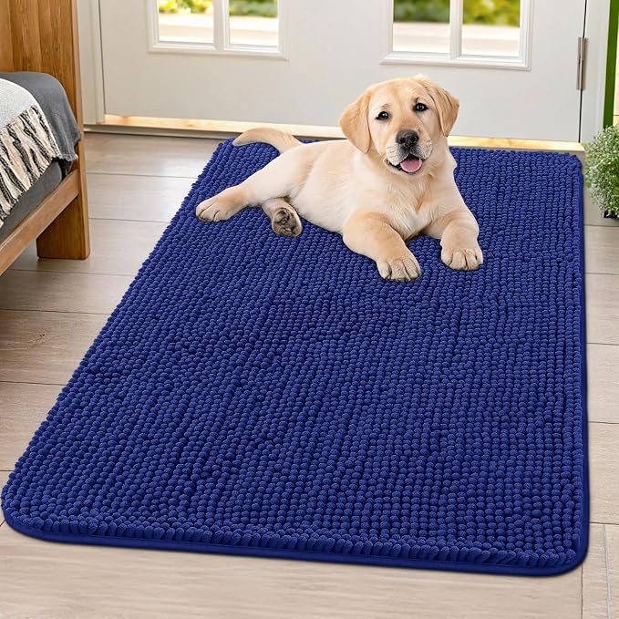 Smiry Dog Door Mat for Muddy Paws 40x32, Absorbent Dirt Trapper, Non-Slip Washable Chenille Entryway Rug for Inside Floor, Navy Blue, Classic Solid