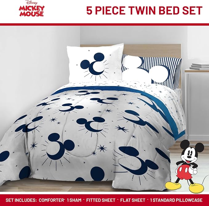 Disney Mickey Mouse Twin Comforter Set 5 Piece Celestial Bedding, White | Bed in a Bag, Comforter Sheets Sham Pillowcase, Official Product, Soft Microfiber, Machine Washable, Easy Care