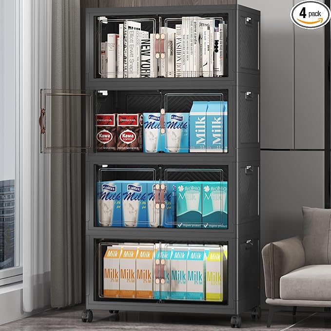 UAMFURI Stackable Storage Bins, 220QT Collapsible Drawers with 1 Lid | Large Capacity, Magnetic Door, Stack Lock, Rolling Wheels, Foldable Design, Organizers and Storage for Bedroom Dorm Garage