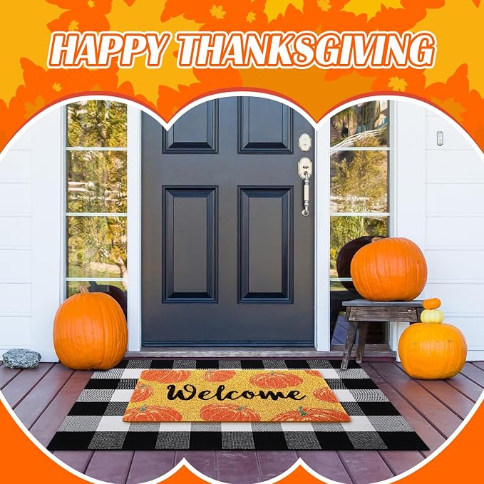 Geelin 2 Pcs Fall Front Door Mat Welcome Mat Outdoor Decorative Doormat Non Slip Buffalo Checkered Rug for Indoor Outdoor(Welcome Pumpkin)