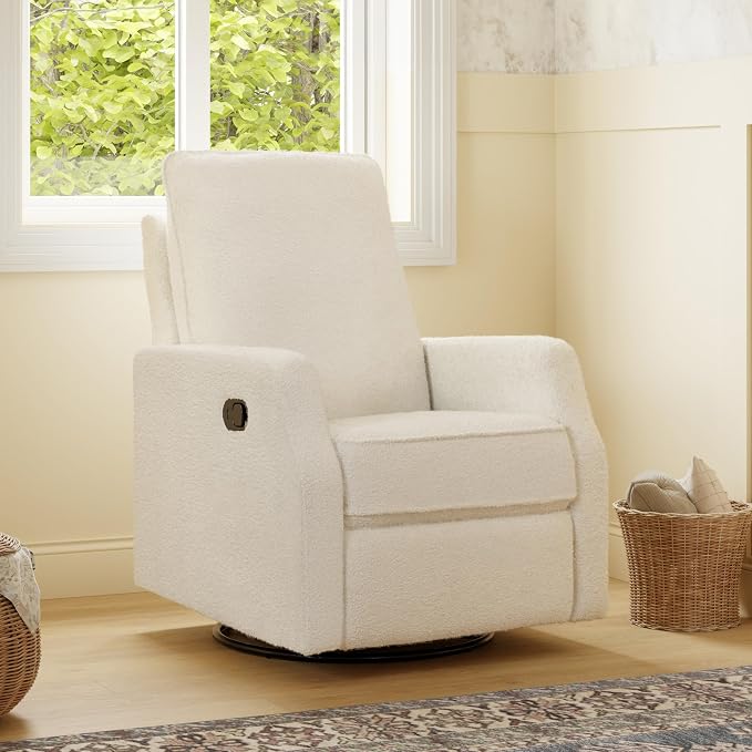 Davinci Lucas Pillowback Swivel Recliner in Cozy Cream Boucle, Greenguard Gold & CertiPUR-US Certified | GREENGUARD Gold Certified Nursery Recliner Chair w/ High Pillow-Back, Padded Arms & Bonus Lumbar Pillow - Manual, 360° Swivel