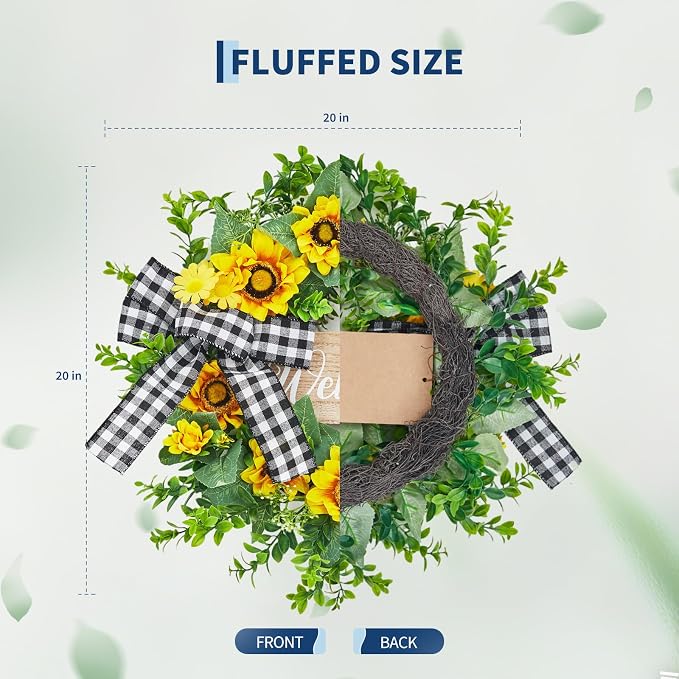 Garvee 20 Inch Sunflower Wreath with Welcome Sign, Spring Summer Wreaths for Front Door with Yellow Blooms and Buffalo Plaid Bow, for Farmhouse Porch Window Wall Home Decor