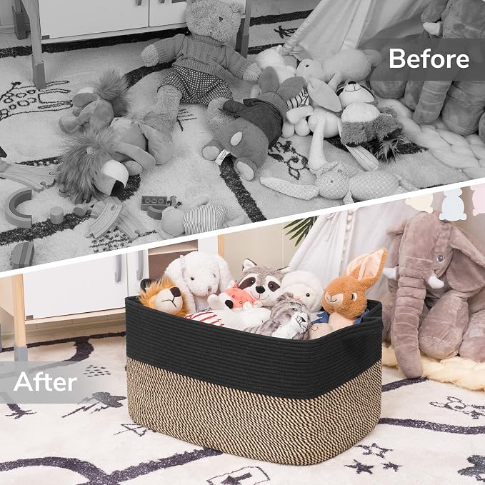 Goodpick 75L Extra Large Woven Blanket Basket, 22" x 17" x 12", Black Jute | Decorative Rectangle Basket for Blankets, Pillows & Toys Storage, Living Room & Bedroom Organization, Nursery & Home Decor