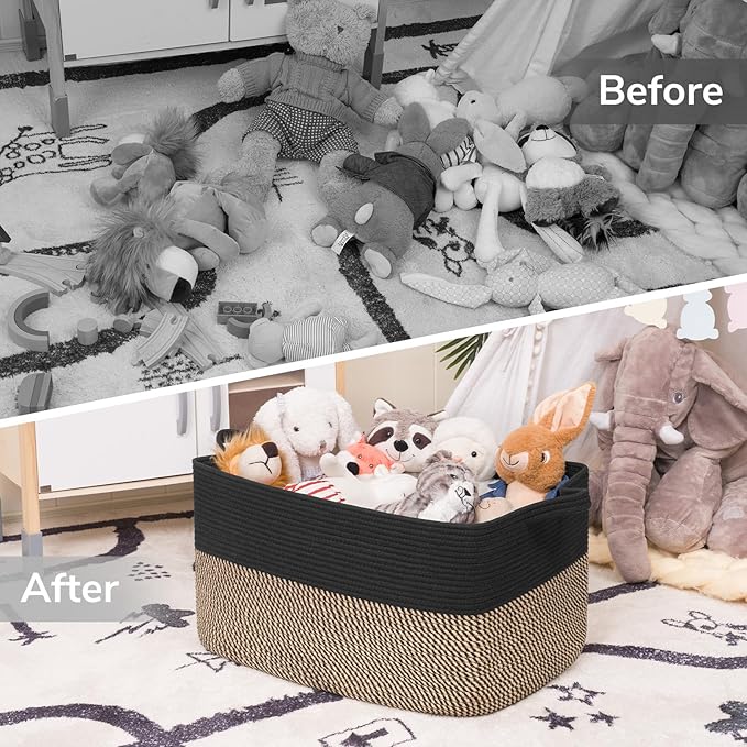 Goodpick 75L Extra Large Blanket Basket, 22" x 17" x 12", Black & Jute | Decorative Storage Basket for Blankets, Pillows & Toys, Living Room & Bedroom Organization, Built-In Woven Handles