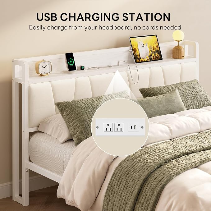 LIKIMIO Queen Bed Frames, PU Leather Storage Headboard with Charging Station, Solid and Stable, Noise Free, No Box Spring Needed, Easy Assembly, White