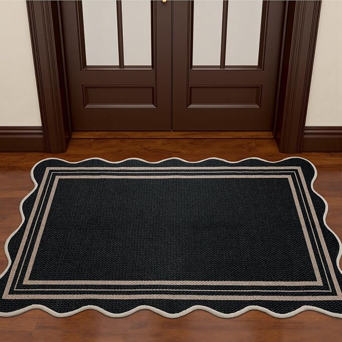 EDIMENS Easy Jute Rug Entryway Rug, 2x3 Front Door Mat Small Entryway Non-Slip Washable Area Rug, Low Pile Black Indoor Outdoor Farmhouse Scalloped Doormat for Entrance Entry Porch Doorway