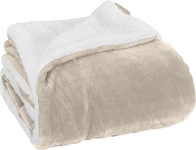Elegant Comfort Luxury Ultra-Plush Velvet Touch Fleece Throw Soft, Warm, Cozy| Micromink Sherpa-Backing Reversible Blanket for Bed, Sofa and Couch, Solid Cream