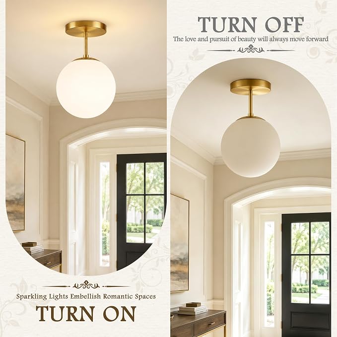 Mid Century Modern Globe Semi Flush Mount Ceiling Light Fixture Frosted Glass with Gold Brass Finish,1-Light Sphere Glass Pendant Lights for Aisle Porch Stairway Closet Kitchen Laundry Room(Bulb Incl)