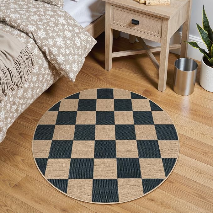 Lahome Checkered Easy Jute Entryway Rug, 3ft Round Washable Rugs Black | Farmhouse Natural Diamond Outdoor Carpet, Non Slip Non Shedding Mat for Indoor Front Door Entrance Kitchen Patio Porch Foyer
