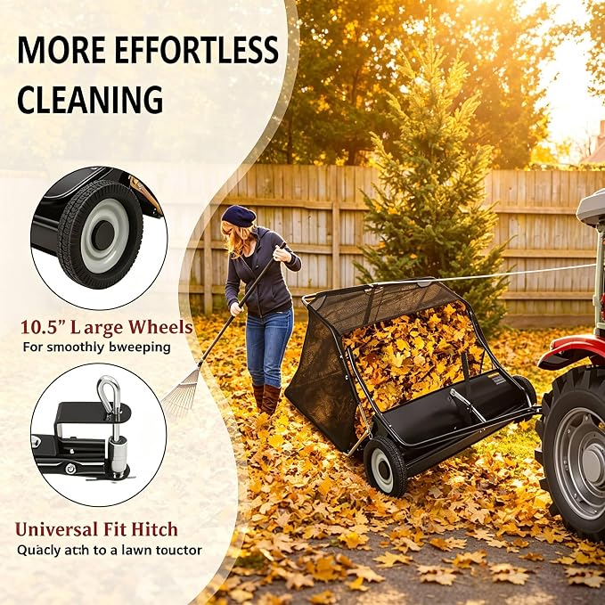 52" Heavy-Duty Tow-Behind Lawn Sweeper,27 cu.ft. Large-Capacity Grass & Leaf Collector for Tractors & ATVs, Adjustable Height with Easy Dump Rope, Efficient Yard Debris Removal for Lawn Care