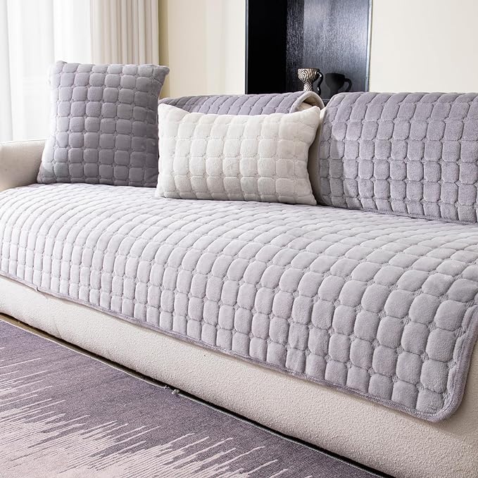 Velvet Couch Cover, Washable Sectional Sofa Cover, Anti Slip Sofa Slipcovers for 3 Cushion Couch Sofa L Shaped Recliner, Furniture Protector Covers for Pets Kids(Light Grey, Only 1 PCS)