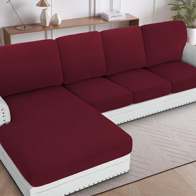 H.VERSAILTEX Sectional Couch Covers 4 Pieces Sofa Seat Cushion Covers L Shape Separate Cushion Couch Chaise Cover for Both Left/Right Sectional Couch (Seat Only: 1 Chaise + 3 Sofa, Burgundy)