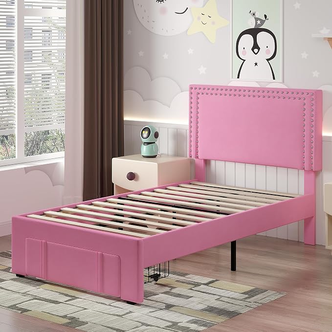VECELO Twin Size Upholstered Bed Frame with Storage Drawer, Adjustable Velvet Rivet Decor Headboard, Wooden Slats Platform Support, No Box Spring Needed, Easy Assembly,Pink