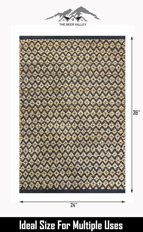 THE BEER VALLEY Jute Cotton Dimond Kitchen Rug 2x3 Feet - Natural Grey | Small Neutral Area Door mat for Entryway, Easy Clean Outdoor Indoor Boho Entry Rugs