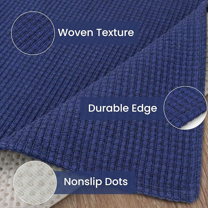 IOHOUZE Washable Runner Rug 3x10 Non Slip Rubber Backed Long Hallway Runner Entryway Runner Indoor, Kitchen Rugs Woven Cotton Floor Carpet for Hall Entrance, Royal Blue/Navy