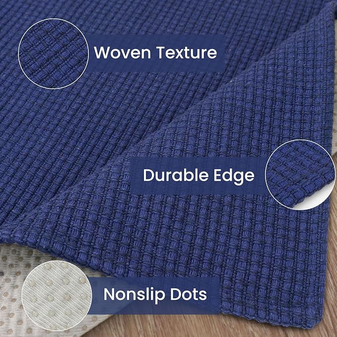 IOHOUZE Washable Runner Rug 3x12 Non Slip Rubber Backed Extra Long Hallway Runner Entryway Runner Indoor, Kitchen Rugs Woven Cotton Floor Carpet for Hall Entrance, Royal Blue/Navy