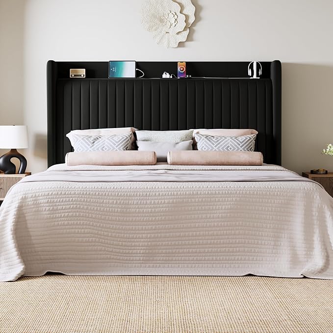 Allewie King Size Platform Bed Frame with USB Charging Station and Storage Shelf/Upholstered Velvet Wingback Headboard/Wooden Slats Support/No Box Spring Needed/Easy Assembly, Black