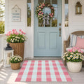 3x5 Ft Outdoor Rug, Pink and White Front Door Mat, Cotton Woven Entryway Rug, Washable Layering Rug for Front Porch Outdoor Decor