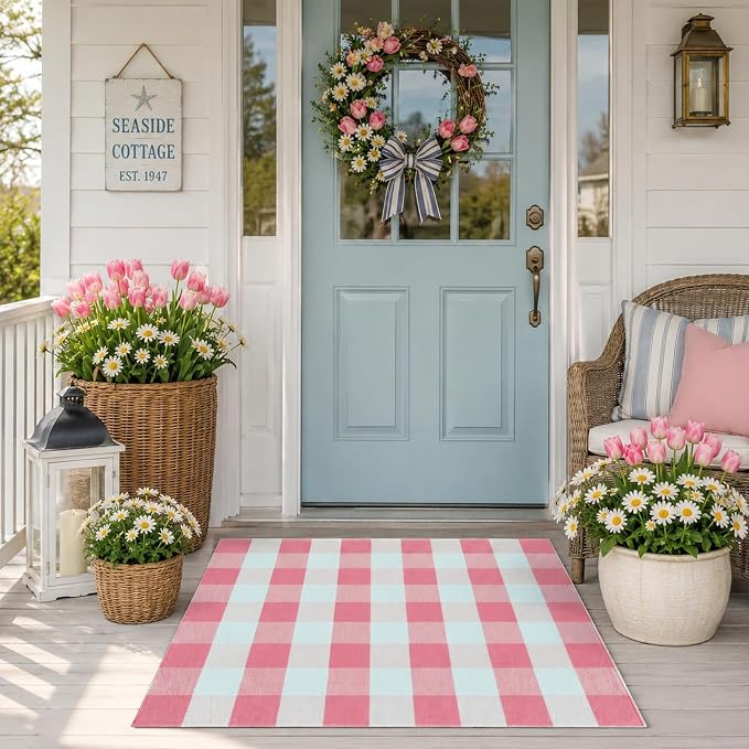 3x5 Ft Outdoor Rug, Pink and White Front Door Mat, Cotton Woven Entryway Rug, Washable Layering Rug for Front Porch Outdoor Decor