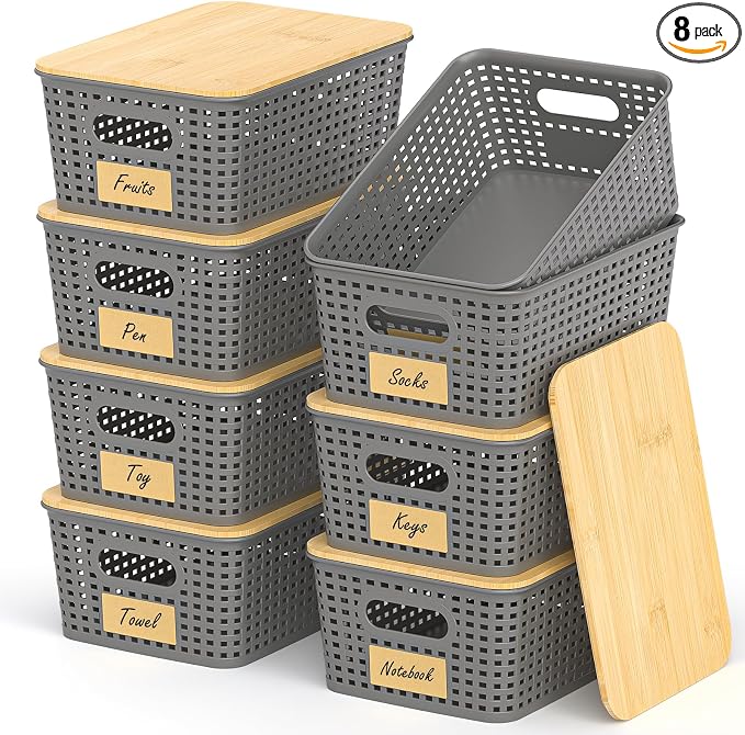 Stackable Storage Baskets: 8 Pack Plastic Baskets Bins, Gray | Decorative Baskets for Organizing, Pantry Decorative Containers for Closets, Cabinets, Shelves