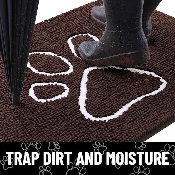 Smiry Dog Door Mat for Muddy Paws, Absorbent Dirt Trapper Non Slip Quick Dry Washable Chenille Mat for Mud Dogs, Entry Rug for Indoor and Outdoor (48x30 Inches, Brown and White)
