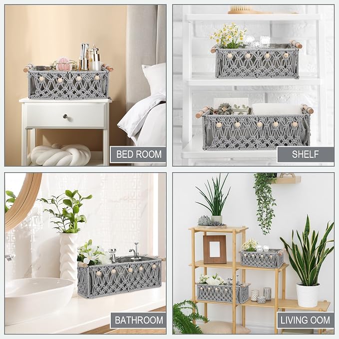 Vesici 4 Pcs Grey Macrame Storage Basket for Shelves 13 in 11 in Boho Storage Basket Hand Woven Boxes with Wood Handles Beads Decorative Countertop Toilet Tank Cabinet Organizer for Home Room Decor