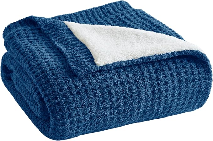 Madison Park Rowan Sherpa Throw Blanket Waffle Weave, 50 x 60, Navy Blue | Cozy Warmth for Sofa or Bed, Reversible, Lightweight, Farmhouse, OEKO-TEX Certified