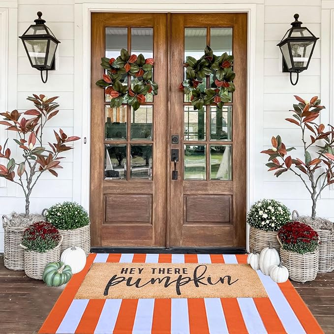 CAINANEL Fall Outdoor Rug Orange and White Striepd Rug 3' x 5' Front Door Mat Halloween Thanksgiving Fall Autumn Home Decor, Layerd Welcome Doormat for Front Porch Decor, Front Door, Farmhouse Decor