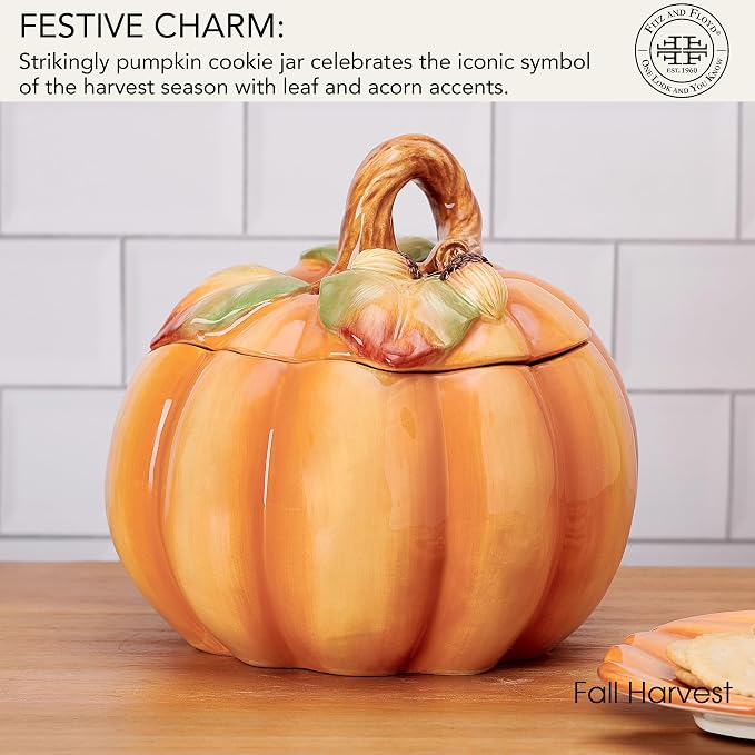 Fitz and Floyd Fall Harvest Pumpkin Cookie Jar Ceramic Figurine, 8 inch