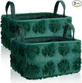 2 Pcs Monstera Storage Basket 14x10'' Back to School Gift Basket | Green, Summer Leaves, Foldable, Fluffy Plush, Closet Organizer Bin with Handle, for Shelves Home Office, Laundry Tabletop Car