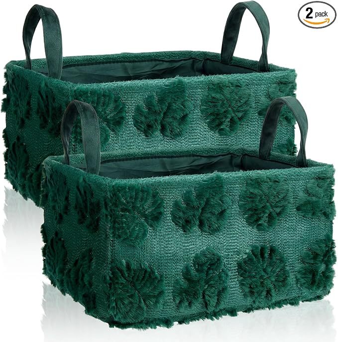 2 Pcs Monstera Storage Basket 14x10'' Back to School Gift Basket | Green, Summer Leaves, Foldable, Fluffy Plush, Closet Organizer Bin with Handle, for Shelves Home Office, Laundry Tabletop Car