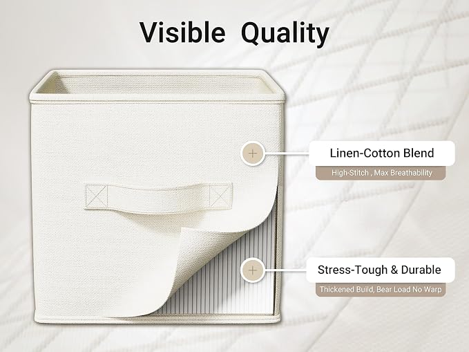 LayerSpace 4 Pack Foldable Fabric Closet Storage Bins, 11Inch Organizer Cubes with Handles, Linen Storage Boxes for Clothes, Toys, Books and Home Organization, White& Ivory
