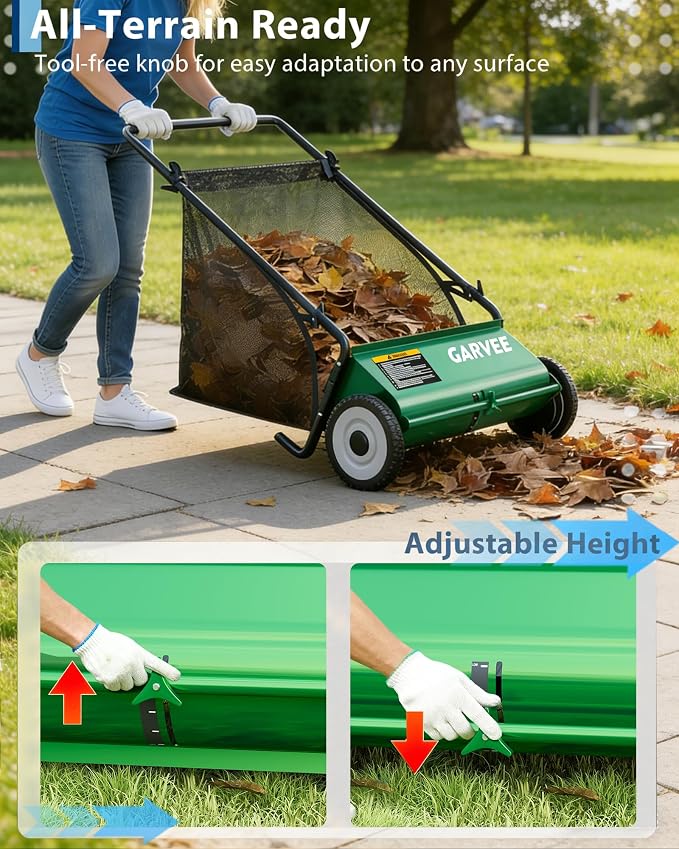 Garvee Push Lawn Sweeper,21-Inch Width Enhanced 4-Brush System with Large 3.5 cu. ft. Hopper Bag, Ideal for Yard and Garden Cleanup, Green | Brush Height Adjustment, All-Terrain Suitable, 3.5 cu.ft Hopper Bag, Durable Steel Frame, Easy Setup, Compact &...