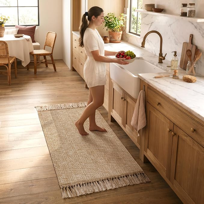 Collive 2' x 4.3' Indoor Outdoor Rug, Modern Farmhouse Kitchen Runner Rugs Hand-Woven Bathroom Mat, Tan Boho Washable Front Door Mats Reversible Entry Carpet for Laundry Bedroom Porch Decor