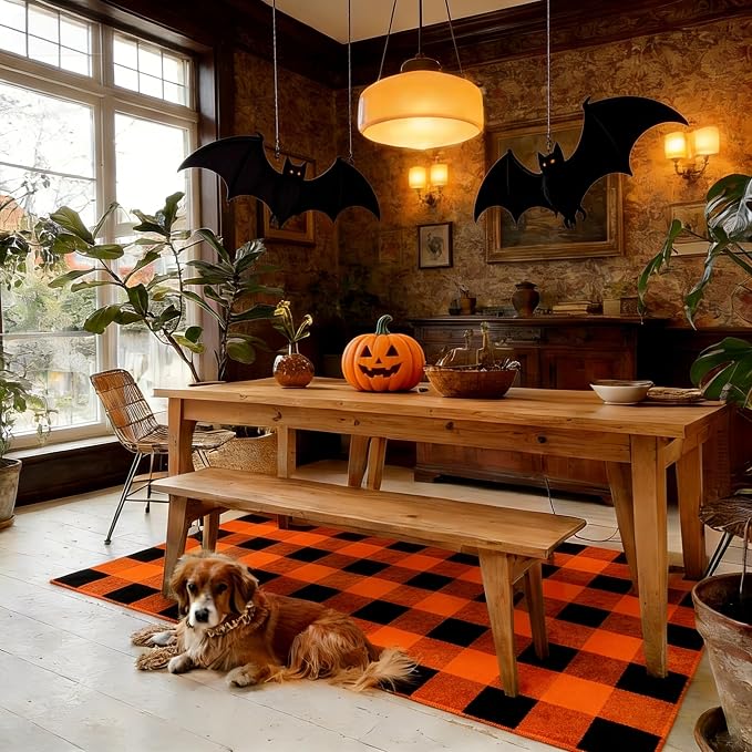 Halloween Orange and Black Buffalo Plaid Rug, 3'x5' Indoor Outdoor Durable Rug, Spooky Accent Mat for Halloween Indoor Outdoor Decor, Living Room, Porch, Patio, Entryway