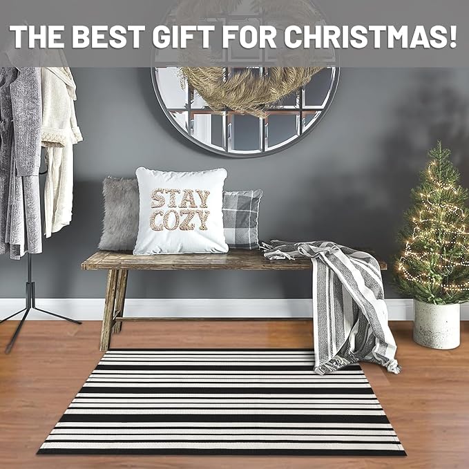 IOHOUZE Black and White Striped Rug 2'x3' Front Door Rugs, Small Washable Area Rug for Front Porch, Spring Summer Doormats Outdoor Indoor, Cotton Rugs for Entryway Porch Entrance