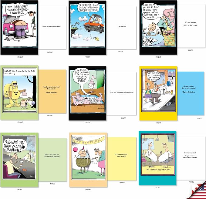 NobleWorks - 36 Assorted Funny Birthday Cards Bulk Box Set with Envelopes (36 Designs, 1 Each) engaging Mixed Humor Greeting Card Pack for Men & Women - McCoy Bros. Merriment AC7742BDG-B1x36