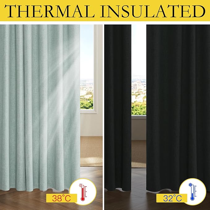NICETOWN 100% Absolutely Blackout Linen Curtains with Thermal Insulated White Liner, Seafoam Green, 42" Wide, 84" Length Energy Saving Curtains for Living Room 2 Panels Set, Vertical Blinds