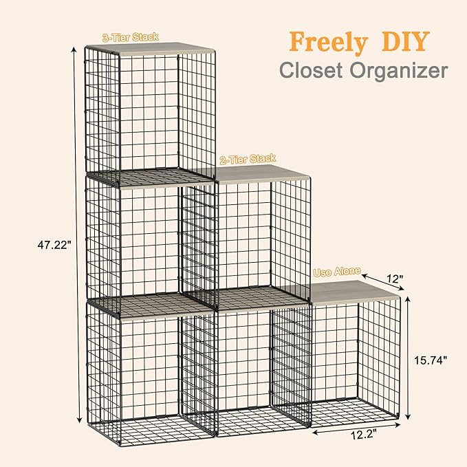 3-Pack Taller Closet Organizers and Storage with Wood Top, Stackable Wire Storage Bins for Clothes, Bags, Towels, Double Storage Design, Sturdy Metal Cube Shelf Organizer for Closet Wardrobe, Black