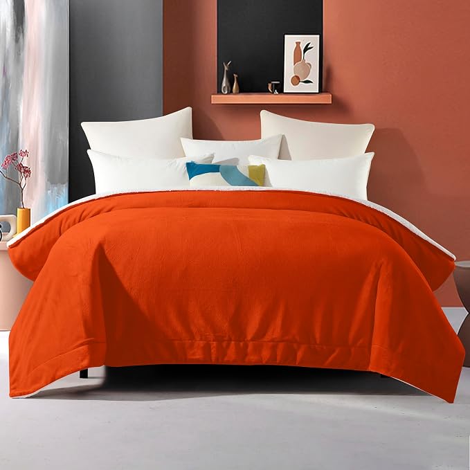Elegant Comfort Ultra Soft Reversible Flannel Sherpa Blanket - Cozy Silky Fleece Throw for Couch, Bed - Plush Fuzzy Warm Winter Blanket for Gift, Twin, Orange