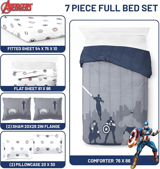 Marvel Avengers Full Comforter Set 7 Piece Soft Bedding for Boys, Blue | Captain America Iron Man, Bed in a Bag, Comforter Sheets Shams Pillowcases, Soft Microfiber, Machine Washable, Boys Gift