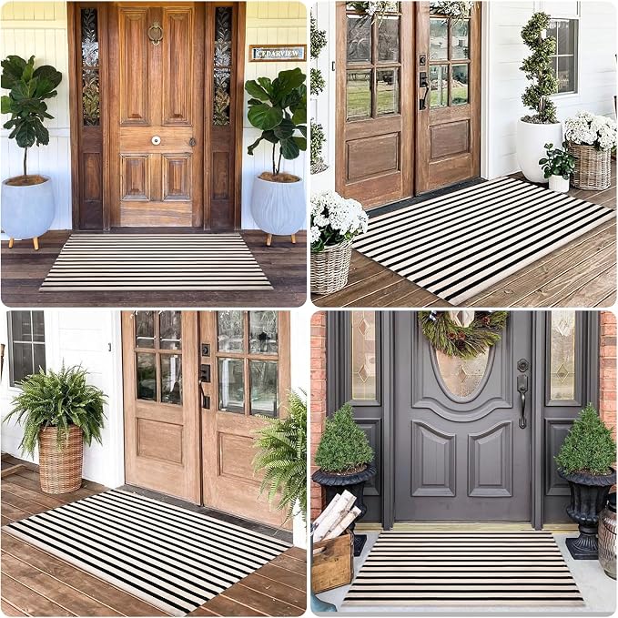 Black and White Striped Rugs, 3'x5' Area Rug Washable Indoor Outdoor Rug Front Porch Doormat Cotton Hand-Woven Farmhouse Layered Double Door Mats for Front Porch, Patio, Entryway, Laundry Room
