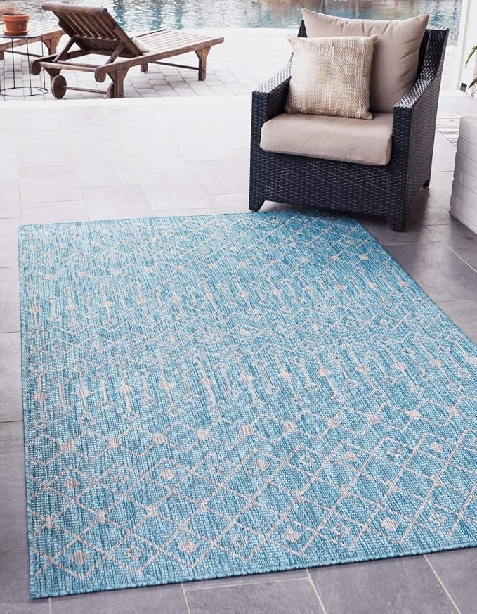 Unique Loom Outdoor Trellis Collection Area Rug - Tribal Trellis (7' 1" x 10' Rectangle, Aqua/ Ivory)