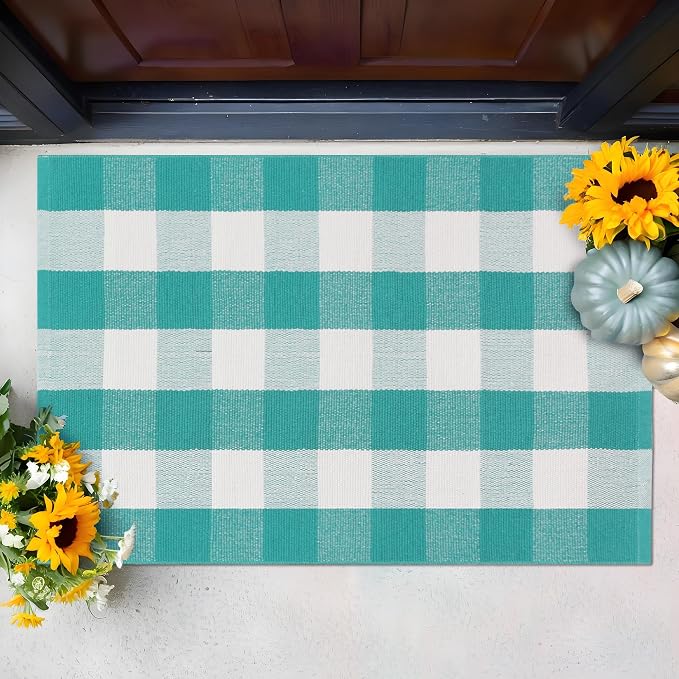 Spring Green & White Plaid Rug - 3' x 5' Outdoor Front Door Decor Mat Cotton Washable Hand-Woven Rug Christmas New Year Holiday Porch Entryway Layered Doormat