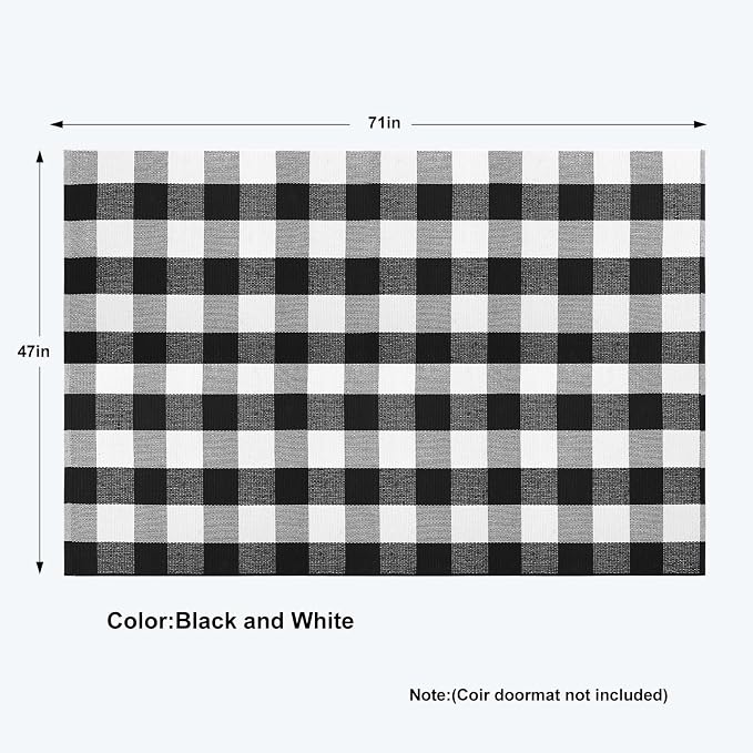 KIMODE Spring Buffalo Plaid Rug 4'x6' Black and White Checkered Rug Farmhouse Cotton Hand-Woven Patio Rug Indoor Outdoor Area Rug Washable Floor Carpet for Front Door Front Porch Living Room