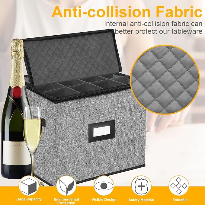 Quilted Champagne Flute Storage Box, China Storage Containers | Stemware Storage Box Hard Shell,Stackable Champagne Glass Container, Crystal Glassware, Drinkware Case for Moving Transport