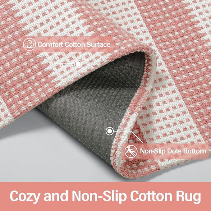 Rugalia Washable Woven Indoor Outdoor Doormat, 2x3 Pink Striped Cotton Entryway Rug Low Pile Non-Slip Small Kitchen Rug, Modern Natural Farmhouse Throw Carpet for Porch Bathroom Bedroom