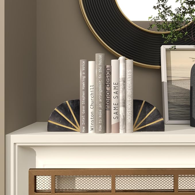 CosmoLiving by Cosmopolitan Marble Geometric Bookends with Gold Inlay, Set of 2 5"W, 5"H, Black